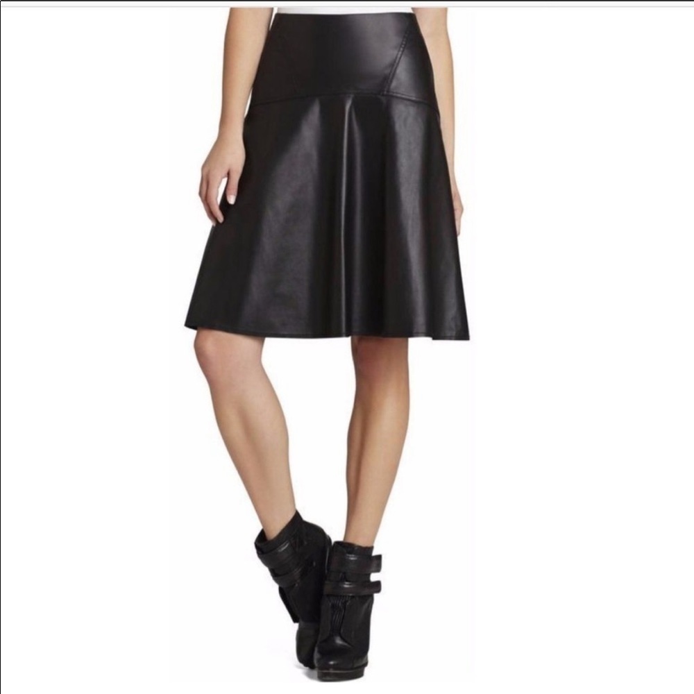 BCBGMaxAzria | Faux Black Leather Camber Patchwork Stitch A Line Skater Skirt XS